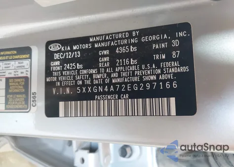 2014 Kia Optima Ex z USA, uszkodzony, nr VIN 5XXGN4A72EG297166